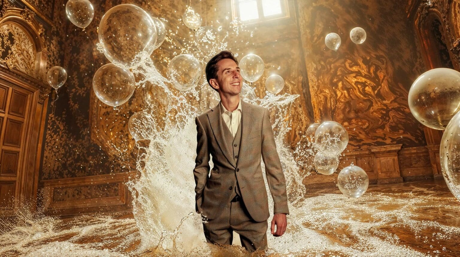 Cyril Regard sourit, debout dans un salon doré où jaillissent des bulles
