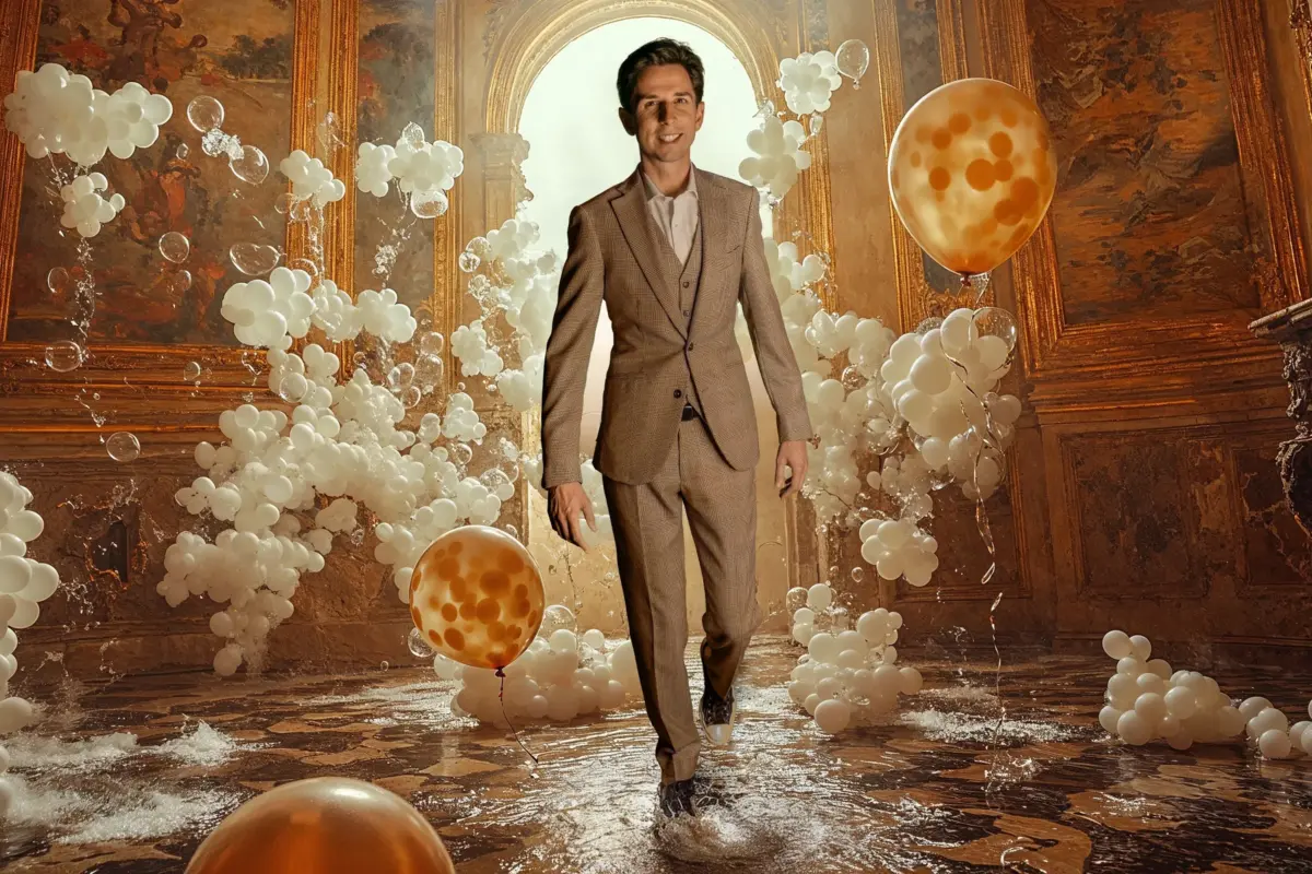 Cyril Regard s’avance dans un salon baroque parmi les ballons blancs
