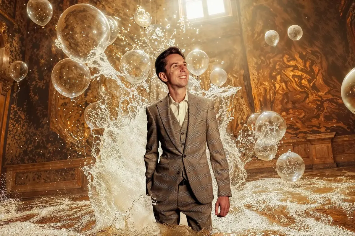 Cyril Regard sourit, debout dans un salon doré où jaillissent des bulles